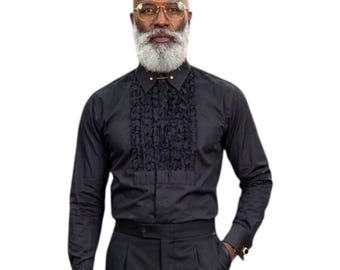 Zwart heren smokinghemd met ruches: vintage-geïnspireerde gotische avondkleding