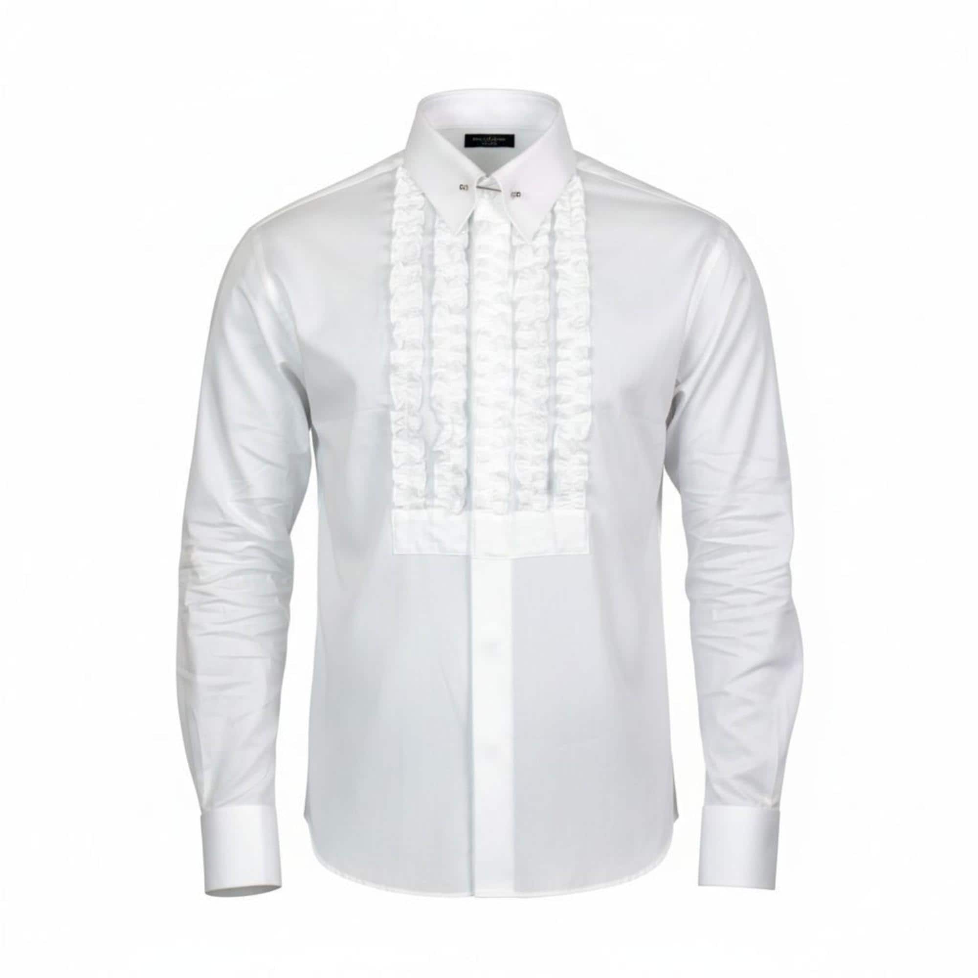 ホワイトフリルタキシードシャツ：スリムフィットコットンウェディング
