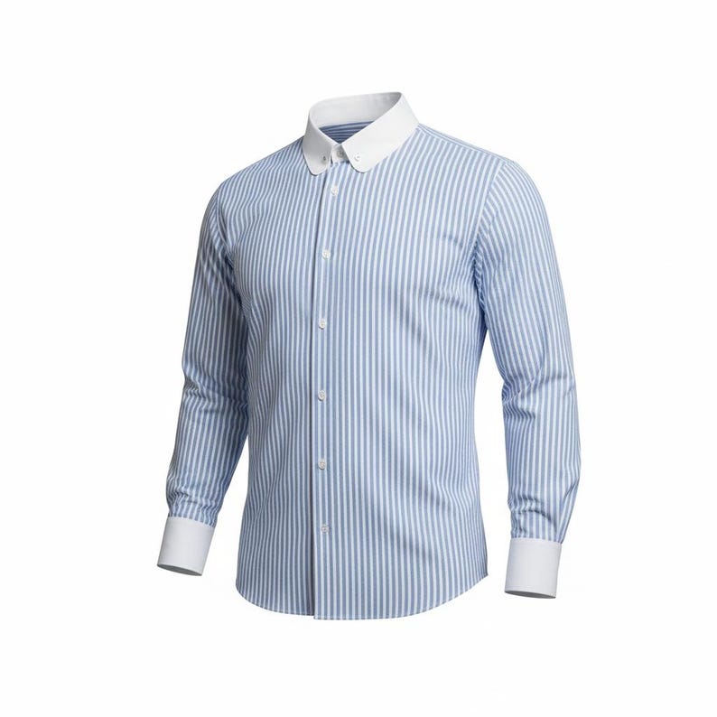 May include: A blue and white striped dress shirt with a white collar and cuffs. The long-sleeved shirt has a button-down front and is made of a lightweight fabric. The shirt is a classic style.