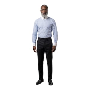 May include: A blue and white striped dress shirt with a white collar and cuffs, paired with black dress pants and black dress shoes. The shirt has long sleeves and is buttoned up. The outfit is a classic business or formal attire.