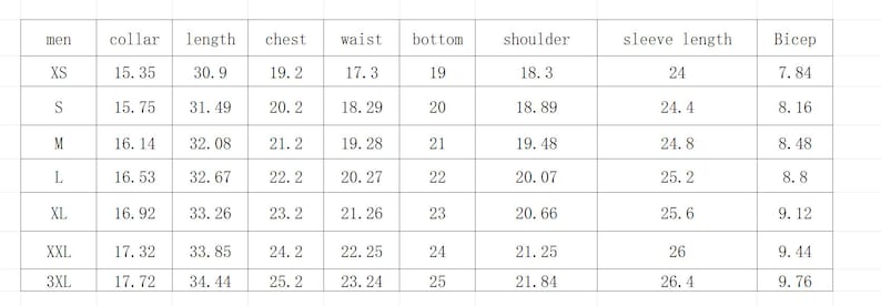 Op de afbeelding: Een witte tabel met zwarte tekst met details over de overhemdmaten voor heren, inclusief kraag, lengte, borst, taille, onderkant, schouder, mouwlengte en bicepsmetingen in centimeters. Maten vari&euml;ren van XS tot 3XL.