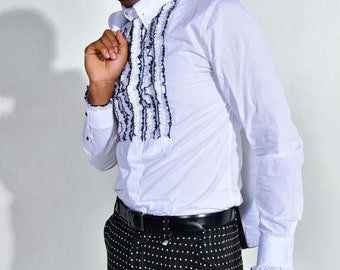 Wit smokinghemd met ruches voor heren: slim-fit speldkraag