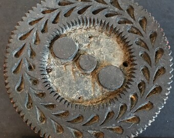 Round Vintage Wooden Block with Botanical Motif for Textile Printing - India - Late 1800's