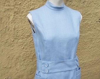 Beautiful 1960s Baby blue textured linen sheath dress by Designer Norman Norell for Nan Duskin