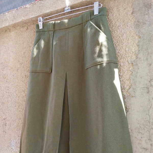 1970s Olive green wool skirt with front kick-pleat & pockets by Tokyo Angelgroup