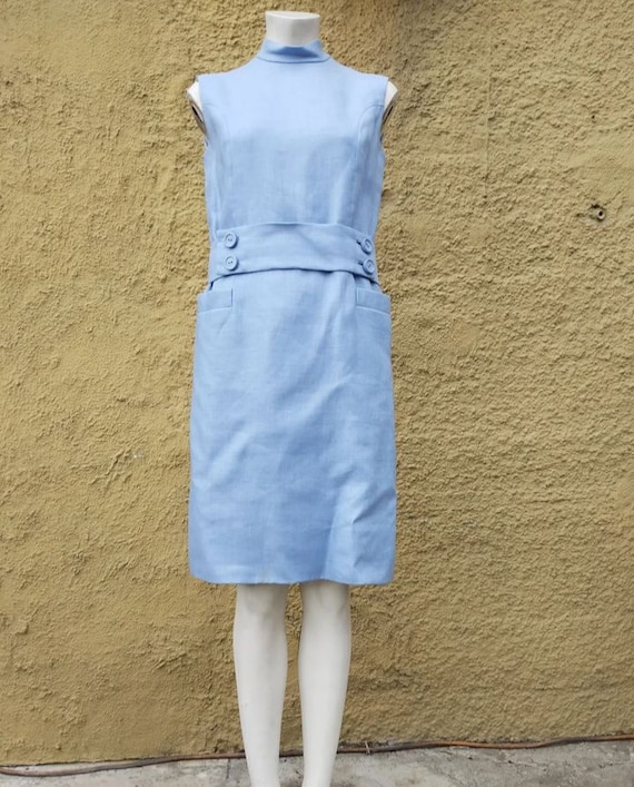 Beautiful 1960s Baby blue textured linen sheath d… - image 2