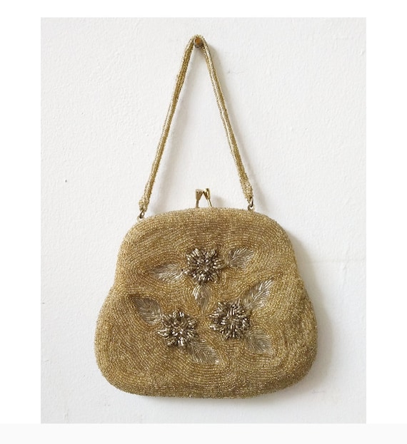 1940s/50s Gold Hand beaded satin evening clutch. … - image 1