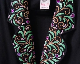 Such a unique, art-to-wear 1980s/90s hand painted and embellished black knit blazer by Laura Rogers Originals