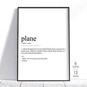 Puede incluir: Una impresión enmarcada en negro con la palabra "plane" en negrita, en negro, y su definición. La impresión también incluye el texto "6 styles" y "12 sizes" en la esquina inferior derecha, ideal para la decoración del hogar.