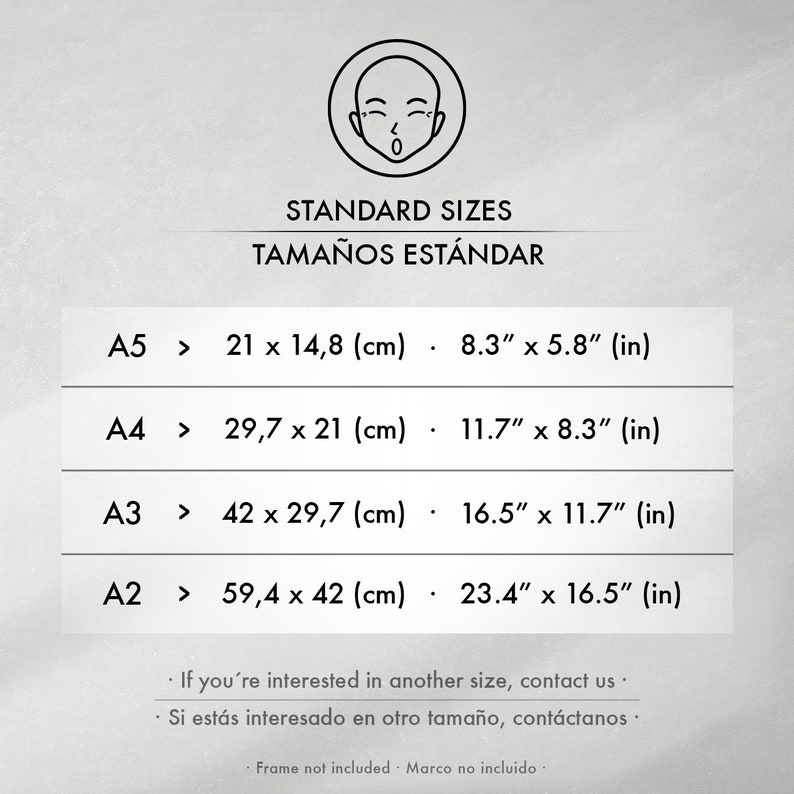 Imagen informativa con el título Tamaños Estándar en la parte superior, acompañado de su traducción al inglés. En la parte central, se muestra una tabla con medidas en centímetros y pulgadas para los tamaños A5, A4, A3 y A2. En la parte inferior aparecen la frase Si estás interesado en otro tamaño contáctanos y el texto Marco no incluido, ambos con su traducción al inglés.