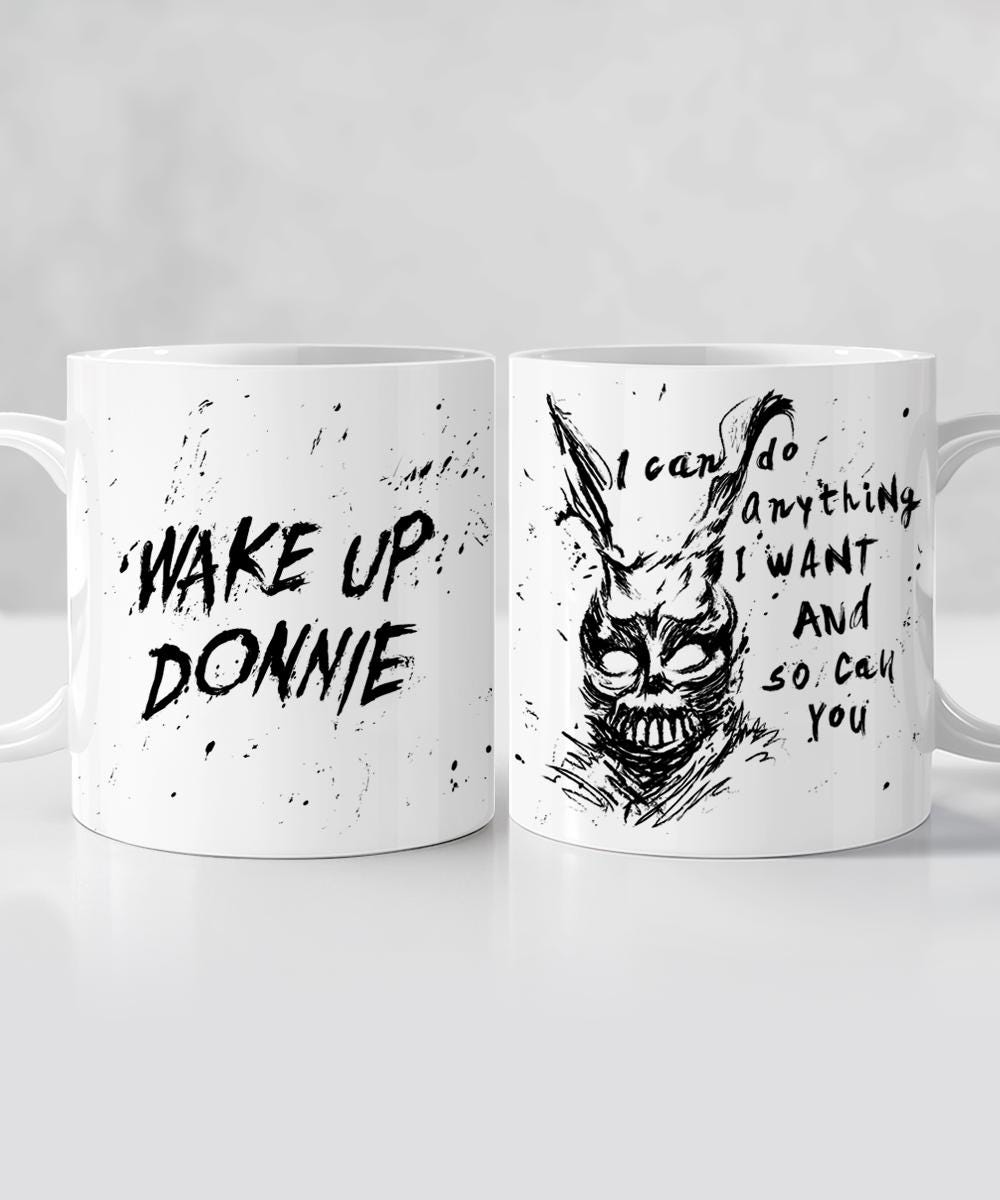 Donnie Darko - Movie coffee Mug | Wake up Donnie | Frank the Bunny, Movie quote Mug, Film quote print, Famous movie line, Film lover gift