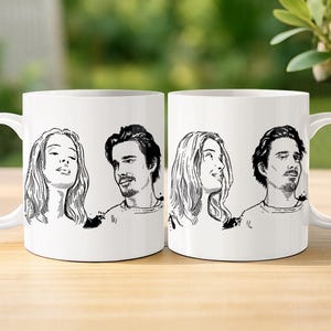 Before Sunrise Mug - Jesse and Celine in Record store scene, Ethan Hawke, Julie Delpy, Iconic movie artwork, Ink drawing, Romantic film gift