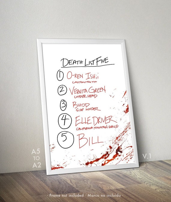 Kill Bill Movie Poster Death List Five / A5 to A2 Beatrix Etsy UK
