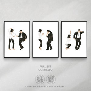 Conjunto de 3 impresiones de pelicula inspiradas en Pulp Fiction, el famoso film de Quentin Tarantino. Este set de posters de cine muestran la escena de baile de Vincent Vega y Mia Wallace con una ilustración original y se presentan en A3, A4 y A5.