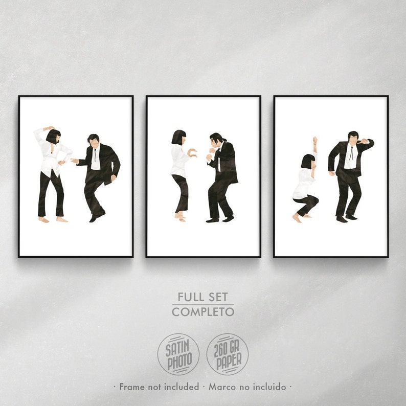 Conjunto de 3 impresiones de pelicula inspiradas en Pulp Fiction, el famoso film de Quentin Tarantino. Este set de posters de cine muestran la escena de baile de Vincent Vega y Mia Wallace con una ilustración original y se presentan en A3, A4 y A5.
