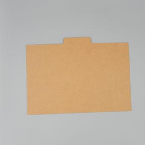 May include: A tan file folder with a rectangular shape and a small tab at the top. The folder is made of a textured paper material and is set against a gray background.