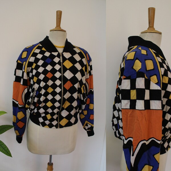 Cazadora / chaqueta / Blaser APRIORI "Apriorisette" multicolor geométrico / estilo bombarderos, bombardier / talla 42 / Vintage
