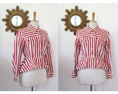 GAULTIER, Jean Paul Gaultier junior denim jacket with striped red and white jeans from the years 1980 peplum jacket slim fit