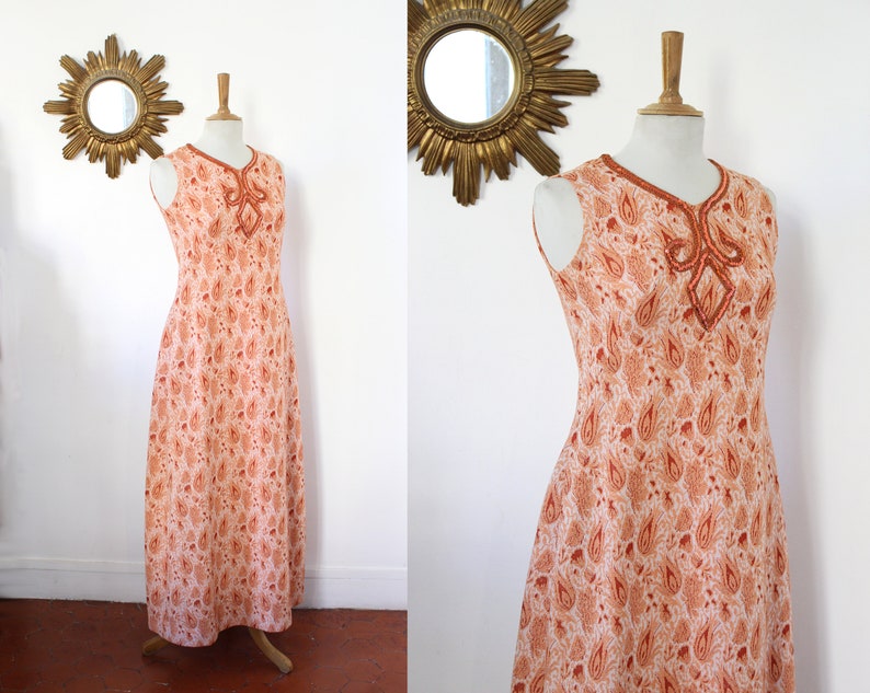 Vintage 60/'s vintage evening dress without sleeves in metallic bright orange with sequin bead and embroidered ribbon
