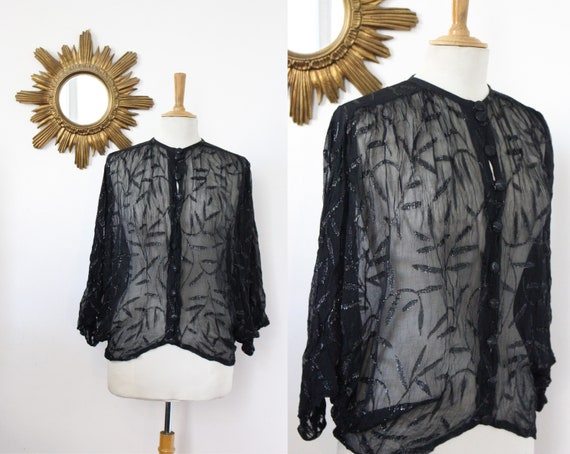 Vintage pleated chiffon veil blouse with floral pa
