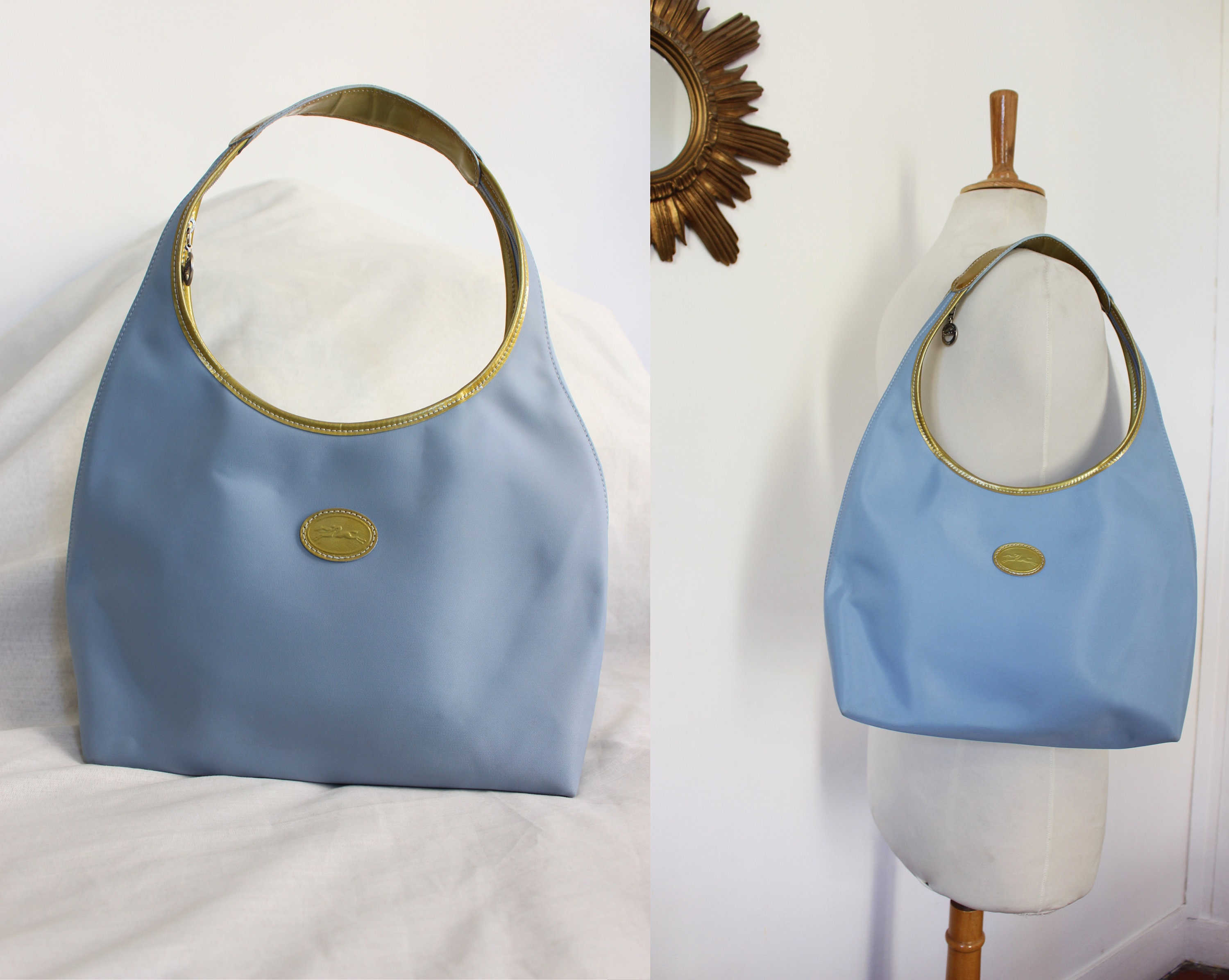 LONGCHAMP 1948 vintage Hobo baguette handbag in light blue coated canvas  and golden yellow patent leather from the 80's 90's