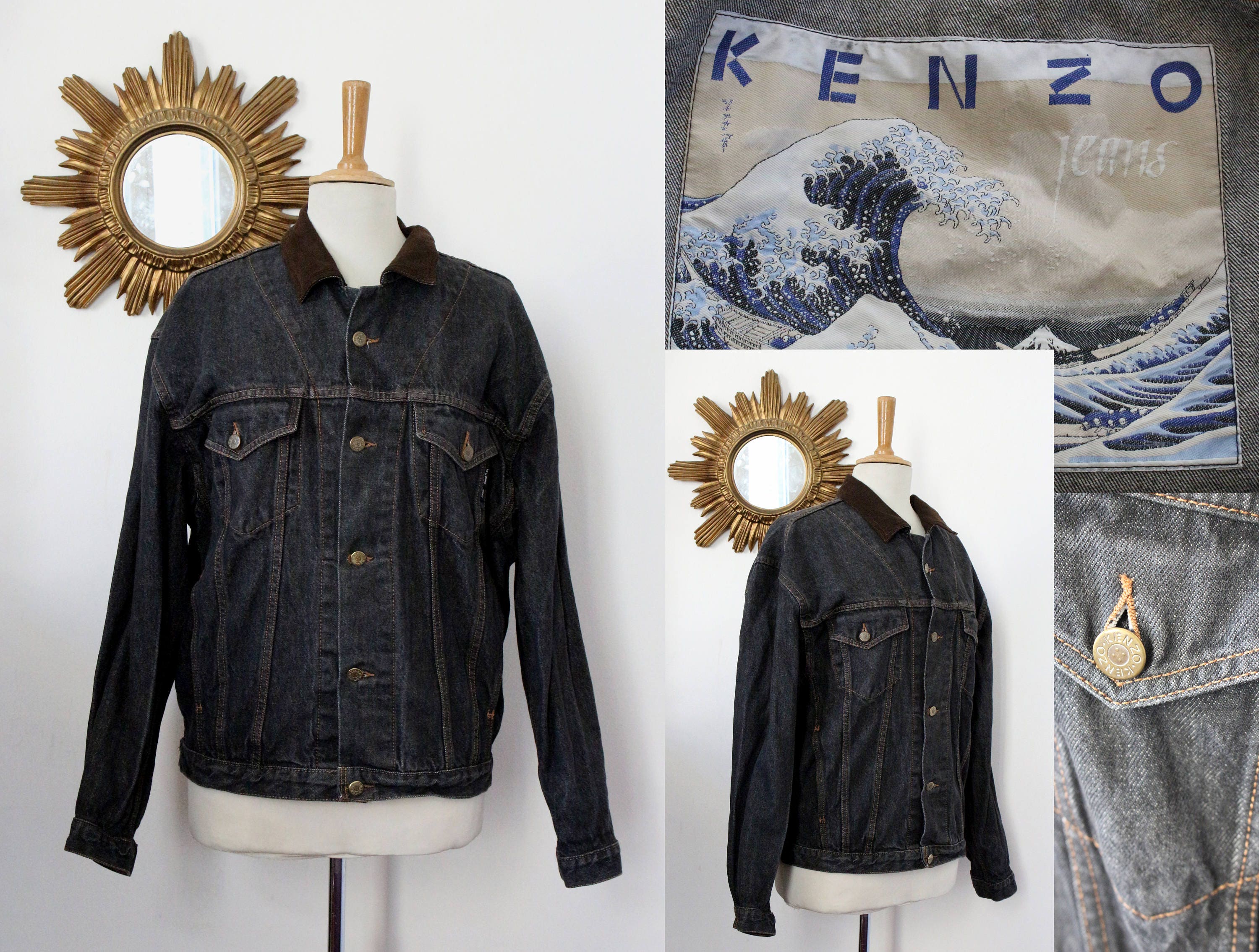 KENZO jeans / Vintage kenzo Jeans jacket in black cotton denim denim and 90s velvet made in France unisex cut loose oversized