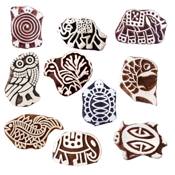 Animal Wooden Printing Stamps - DIY Henna Fabric Textile Paper Clay Pottery Blocks (Set of 10)
