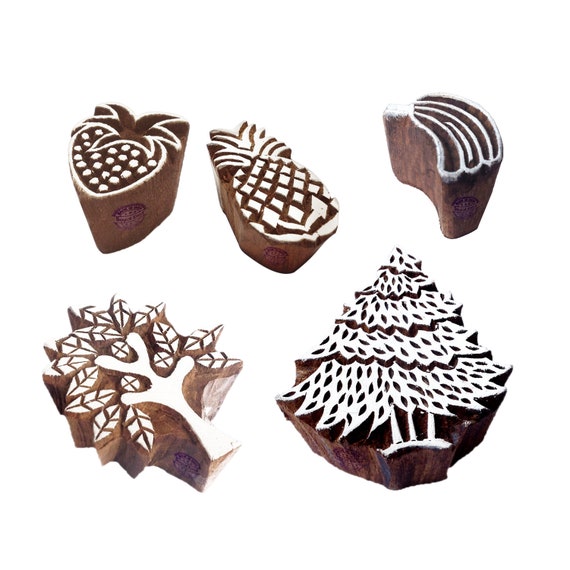 Textile Pottery Block Printing for DIY Henna Set of 5 Clay Fabric Paper Royal Kraft Ganesh and Hamsa-Hand Wooden Printing Stamps 