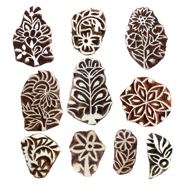 Floral Wooden Printing Stamps DIY Henna Fabric Textile Paper Clay Pottery Blocks  (Set of 10)