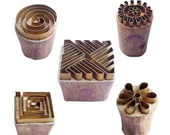 Royal Kraft Floral Brass Wooden Printing Stamps - DIY Fabric, Clay, Pottery Blocks  (Set of 5)