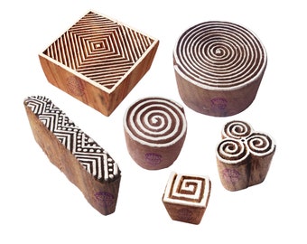 Artistic Motif Spiral and Finger Wooden Stamps for Printing (Set of 6)