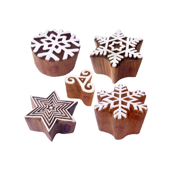 Handmade Designs Star and Snowflake Wooden Block Stamps (Set of 5)