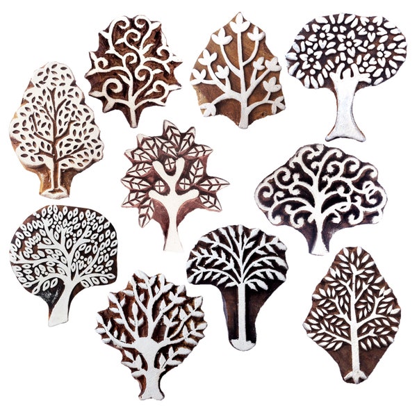 Wooden Tree Stamps for Block Printing on Saree Border, Textile, Clay, Pottery, Tattoo (Set of 10)