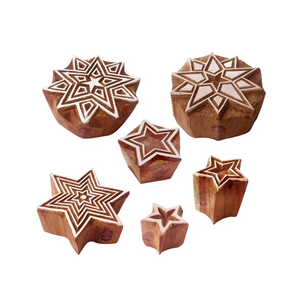 Fabric Print Stamps Designer Star Round Shape Wooden Blocks (Set of 6)