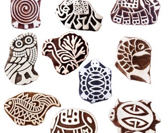Animal Wooden Printing Stamps: Henna Fabric, Paper, Clay Blocks (Set of 10)