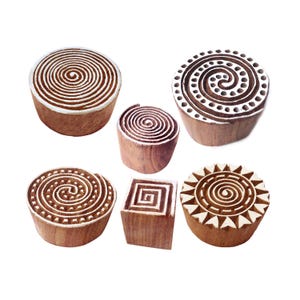 Fabric Print Stamps Handcarved Swirl Round Shape Wooden Blocks (Set of 6) Htag2071