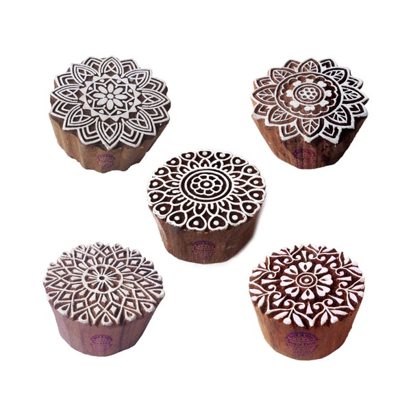 Artistic Motif Round and Mandala Block Print Wood Stamps (Set of 5)