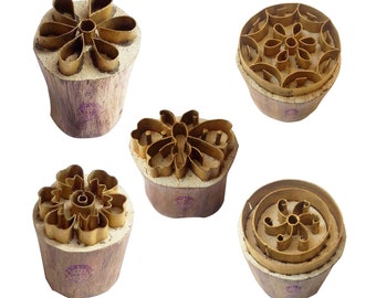 Royal Kraft Floral Brass Wooden Printing Stamps (Set of 5) - DIY Fabric, Clay, Pottery Blocks