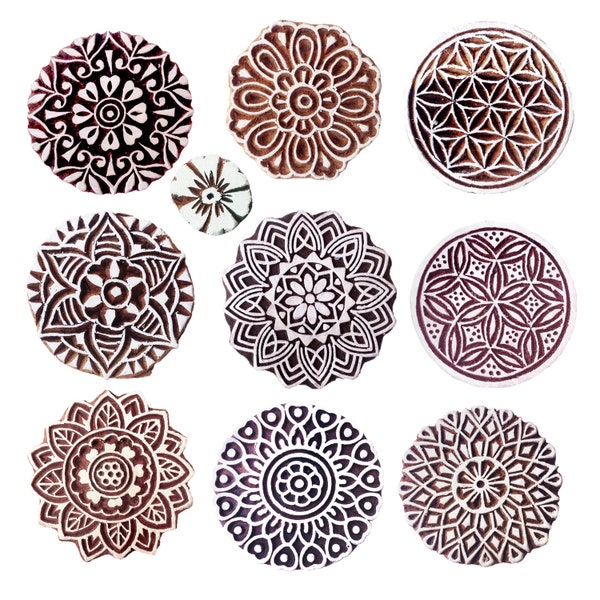Wooden Stamps for Block Printing on Saree Border, Textile, Clay, Pottery, Tattoo (Set of 10)