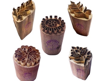 Royal Kraft Floral Brass Wooden Printing Stamps (Set of 5) - DIY Fabric, Clay, Pottery Blocks