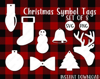 Christmas Gift Tags - Cut files, SVG, PNG - Christmas Symbols, Deer, Bell, Bow, Light bulb, Snowman, Tree