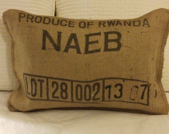 Produce of Rwanda Pillow made from original coffee bean bag