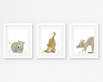 Wombat Dingo Kangaroo print set / Nursery art / Australian animals / Set of 3 / Animal prints / Digital prints