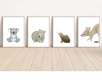 Australian Animal Nursery Print Set / Koala / Kangaroo Joey/ Wombat / Echidna Puggle/ Set of 4