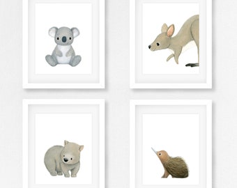 Australian animal nursery print / Koala / Kangaroo / Wombat / Echidna / Set of 4