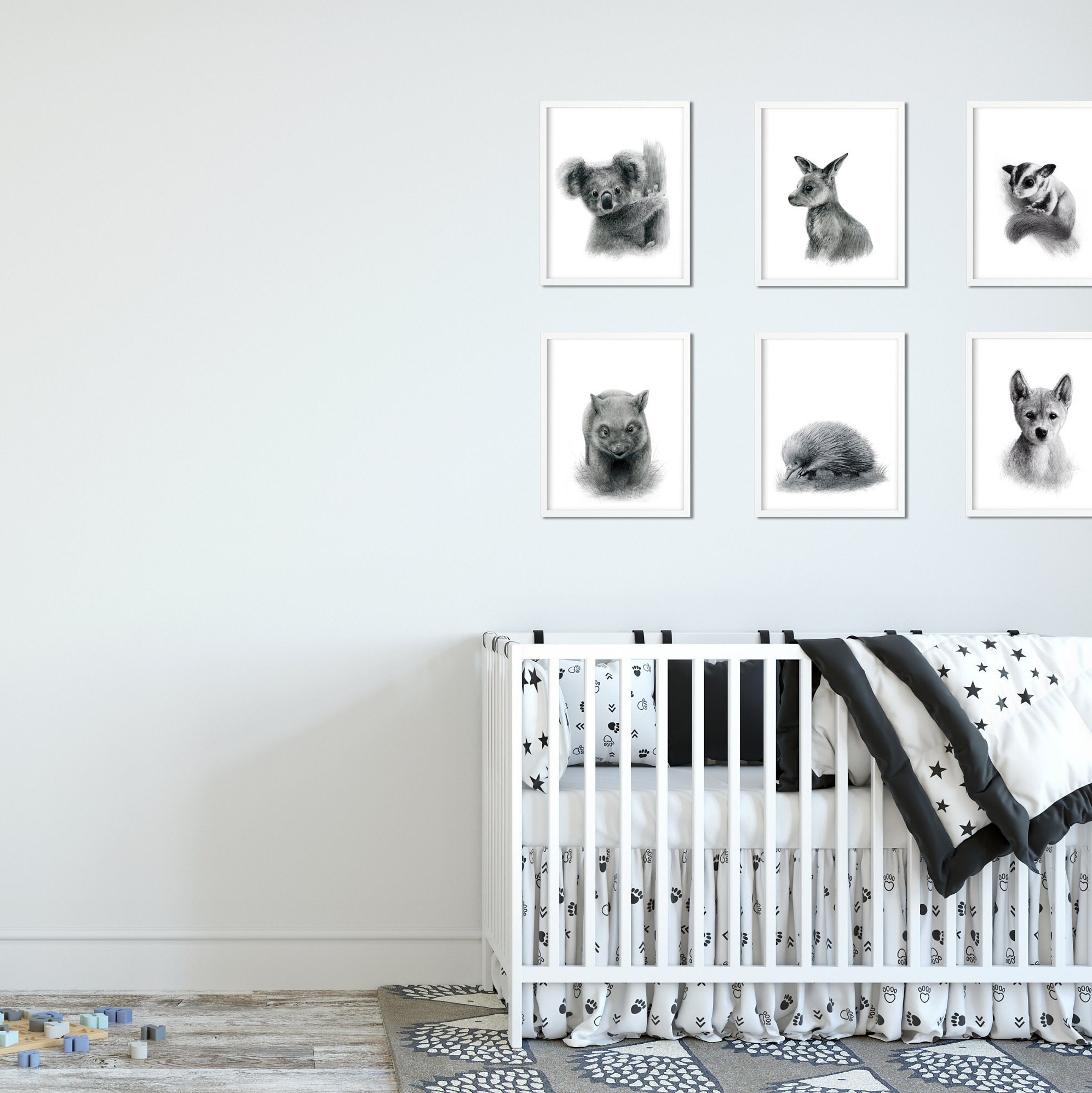 Australian animal wall art / Black and white / Set of 6 / | Etsy