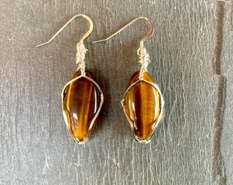2.25" Tiger's Eye and Sterling Silver wire wrapped earrings