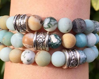 Trio of 7 inch Matte Amazonite and Matte Tree Agate elasticated bracelets