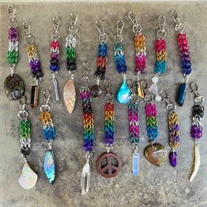 FOR CHARITY— Pride Chainmail 5” to 8” Anodized Aluminum and Natural Gemstone keychains— half of each sale benefits The Trevor Project!
