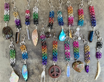 FOR CHARITY— Pride Chainmail 5” to 8” Anodized Aluminum and Natural Gemstone keychains— half of each sale benefits The Trevor Project!
